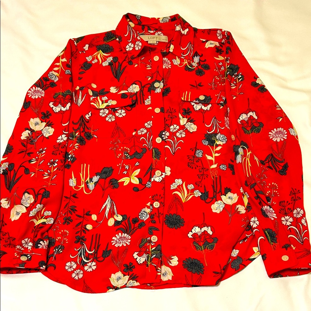 LOFT Vibrant Red Floral Blouse.      New Without Tags